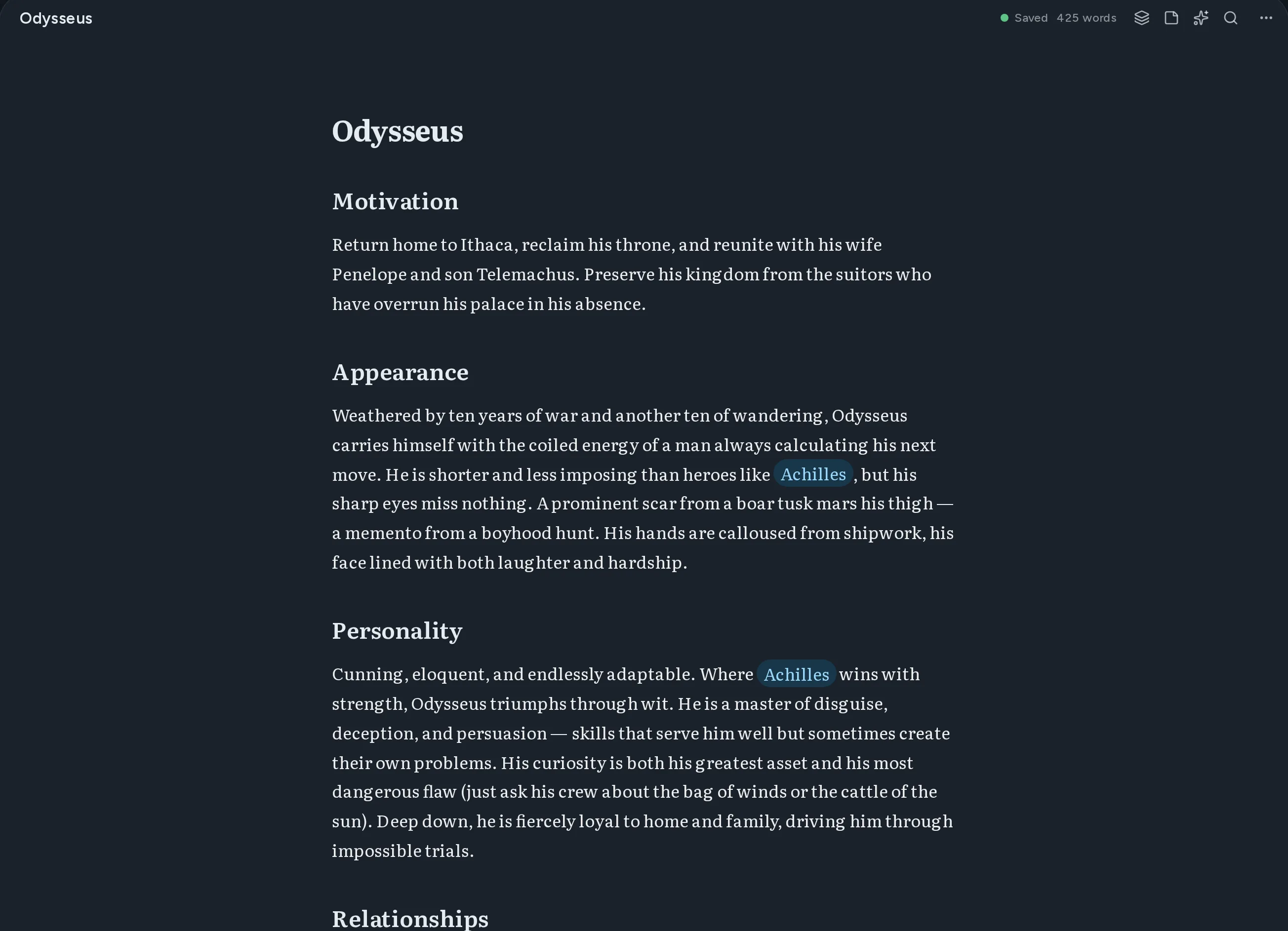 The Thread editor: a character document in markdown, with wiki-links to other documents highlighted in the prose.