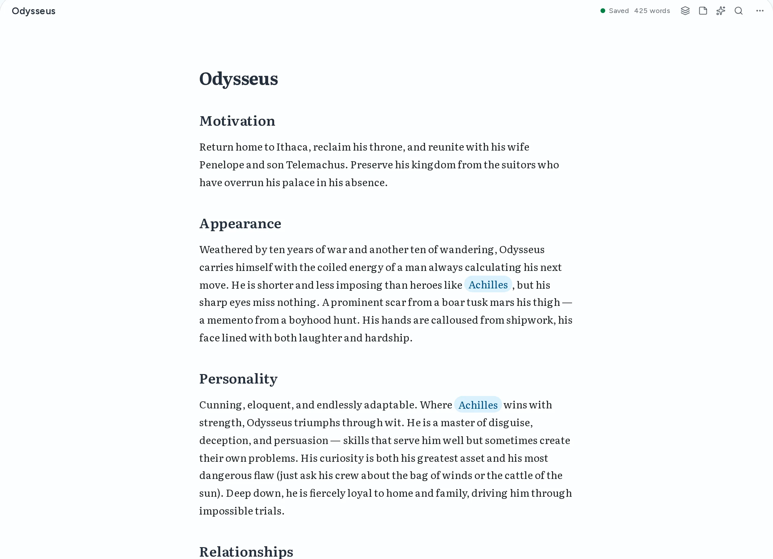 The Thread editor: a character document in markdown, with wiki-links to other documents highlighted in the prose.