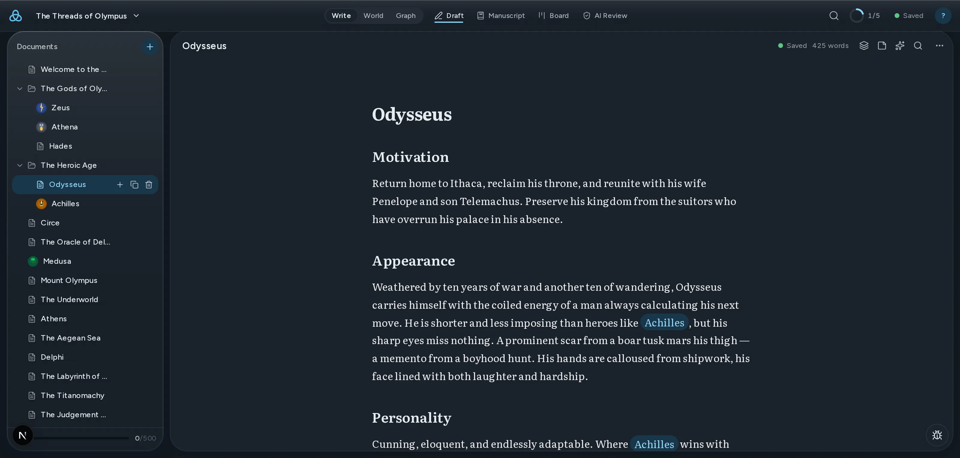 The Thread editor: a character document in markdown, with wiki-links to other documents highlighted in the prose.