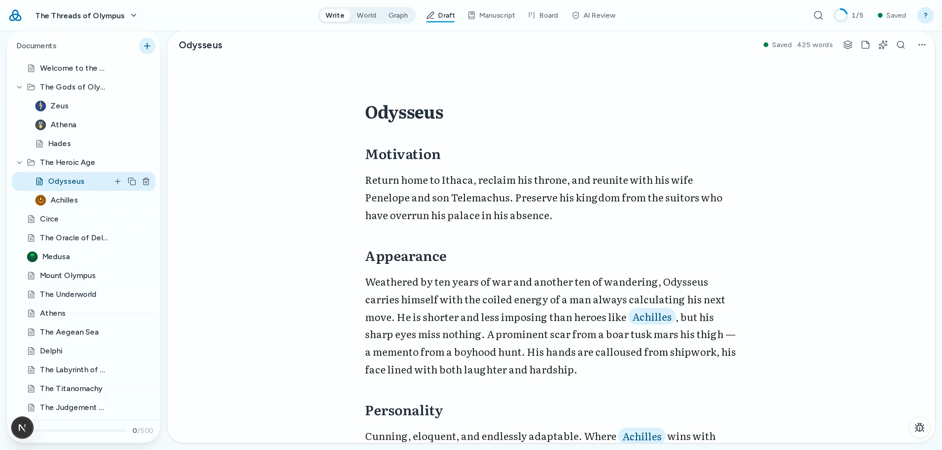 The Thread editor: a character document in markdown, with wiki-links to other documents highlighted in the prose.